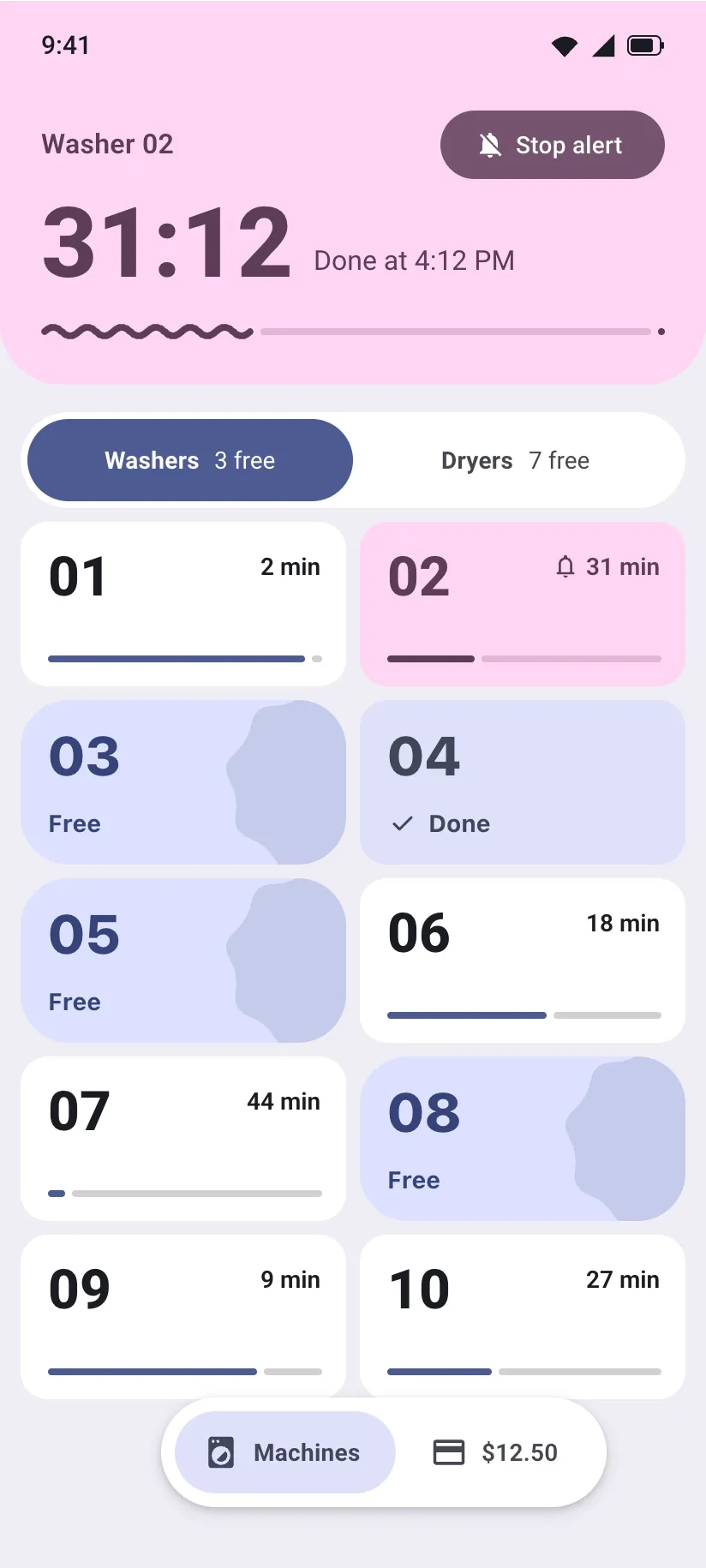 Loadout showing Washer 02 with 31 minutes left, above a grid of washers marked free, done or busy.