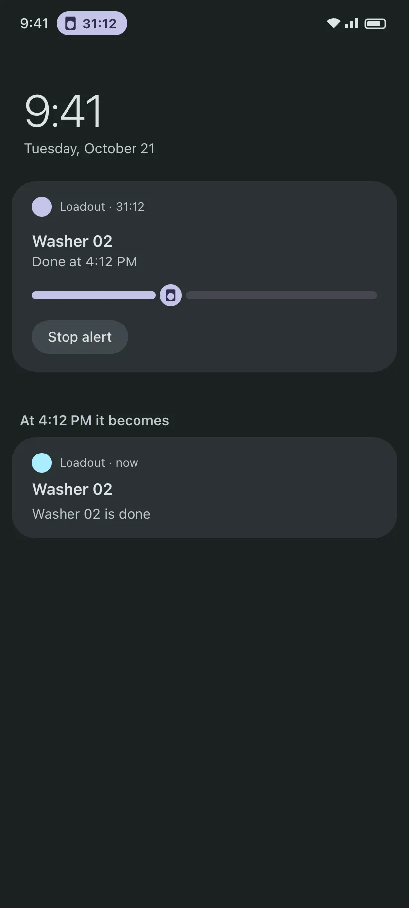 An Android lock screen with a Loadout countdown for Washer 02, done at 4:12 PM.